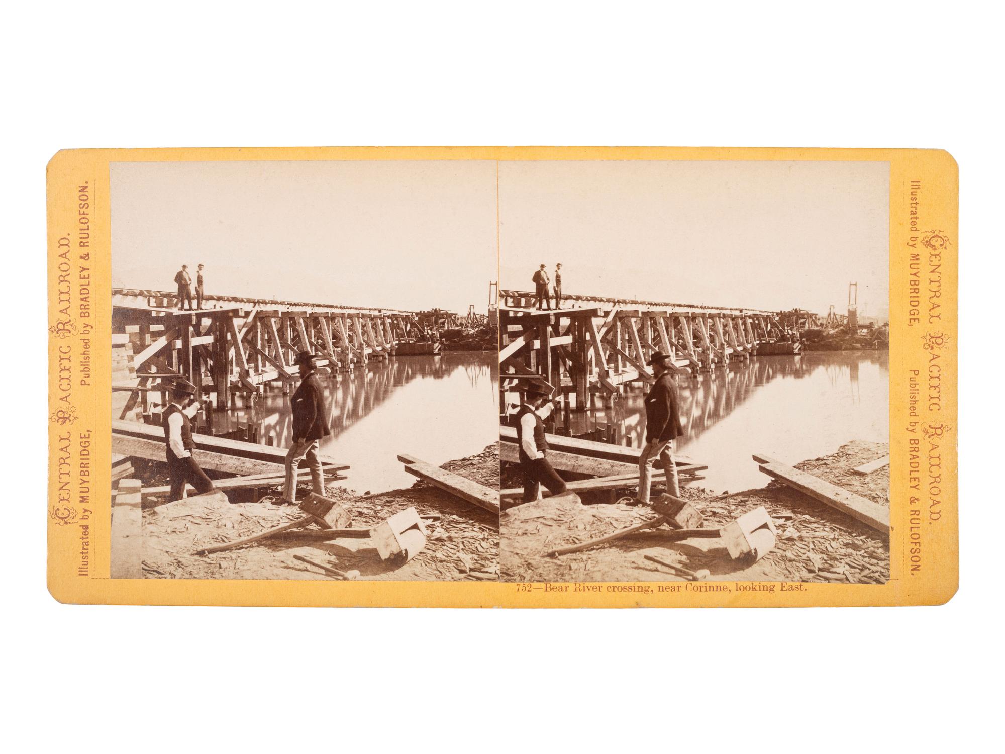 [WESTERN AMERICANA] -- [RAILROAD]. MUYBRIDGE, Eadweard J. (1830-1904), photographer. Bear River crossing, near Corinne, looking East . San Francisco, CA: Bradley & Rulofson, ca 1870s.