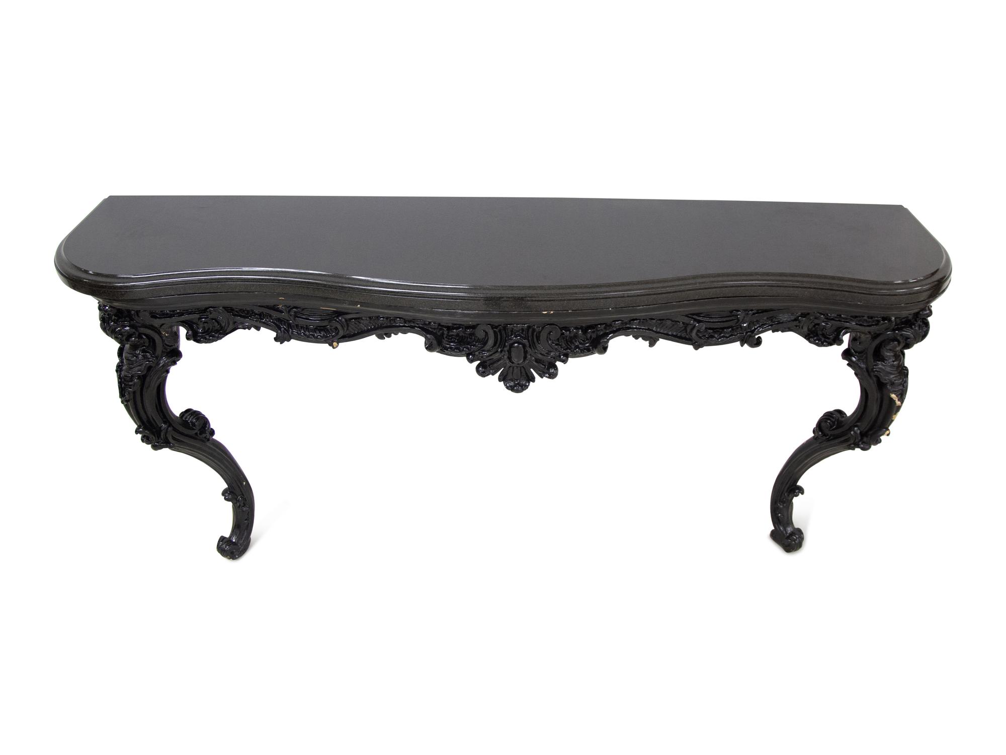 A Rococo Style Serpentine Black Painted Slate Top Console Table — 20th Century