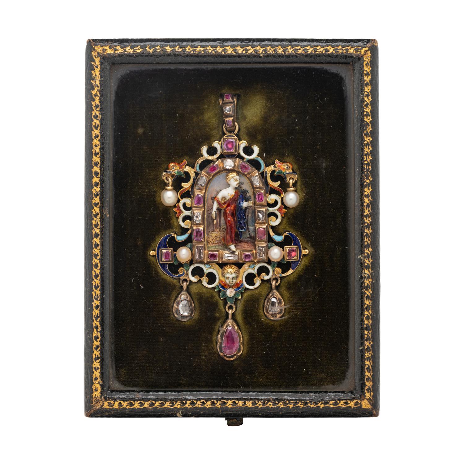 FRENCH, RENAISSANCE REVIVAL, YELLOW GOLD, MULTIGEM AND POLYCHROME ENAMEL PENDANT