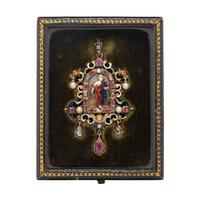 FRENCH, RENAISSANCE REVIVAL, YELLOW GOLD, MULTIGEM AND POLYCHROME ENAMEL PENDANT