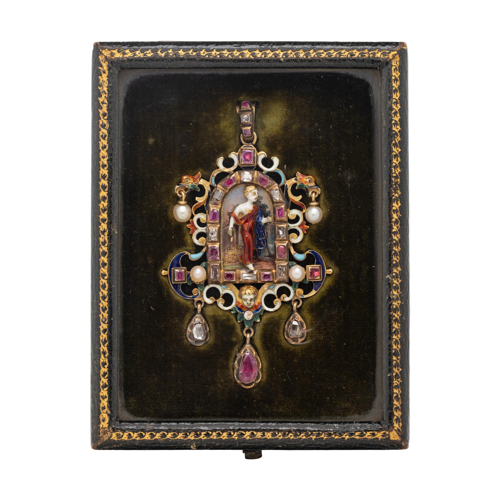 FRENCH, RENAISSANCE REVIVAL, YELLOW GOLD, MULTIGEM AND POLYCHROME ENAMEL PENDANT