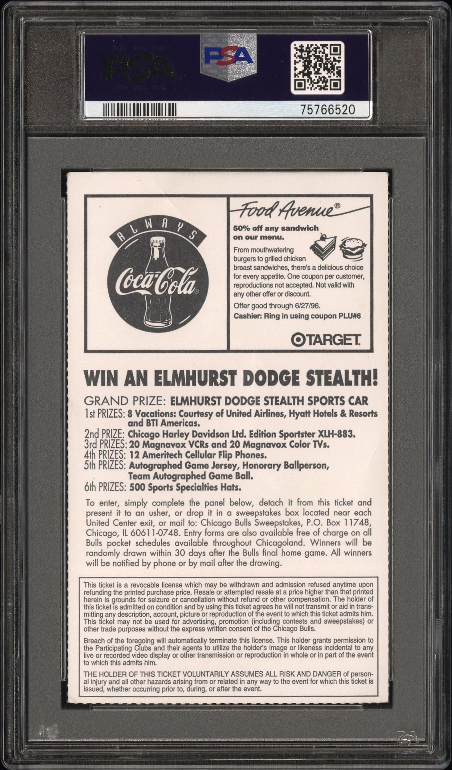 A June 16, 1996 Michael Jordan Chicago Bulls NBA Championship Game 6 Title Clinching Ticket (Father's Day Game, Jordan's Fourth Championship (PSA 3 VG)