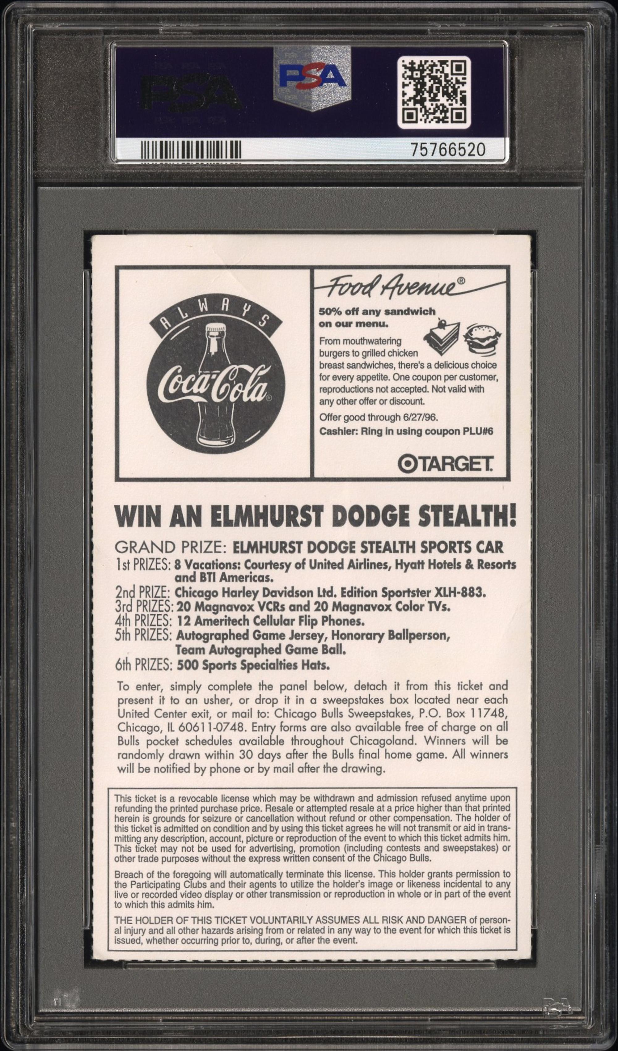 A June 16, 1996 Michael Jordan Chicago Bulls NBA Championship Game 6 Title Clinching Ticket (Father's Day Game, Jordan's Fourth Championship (PSA 3 VG)