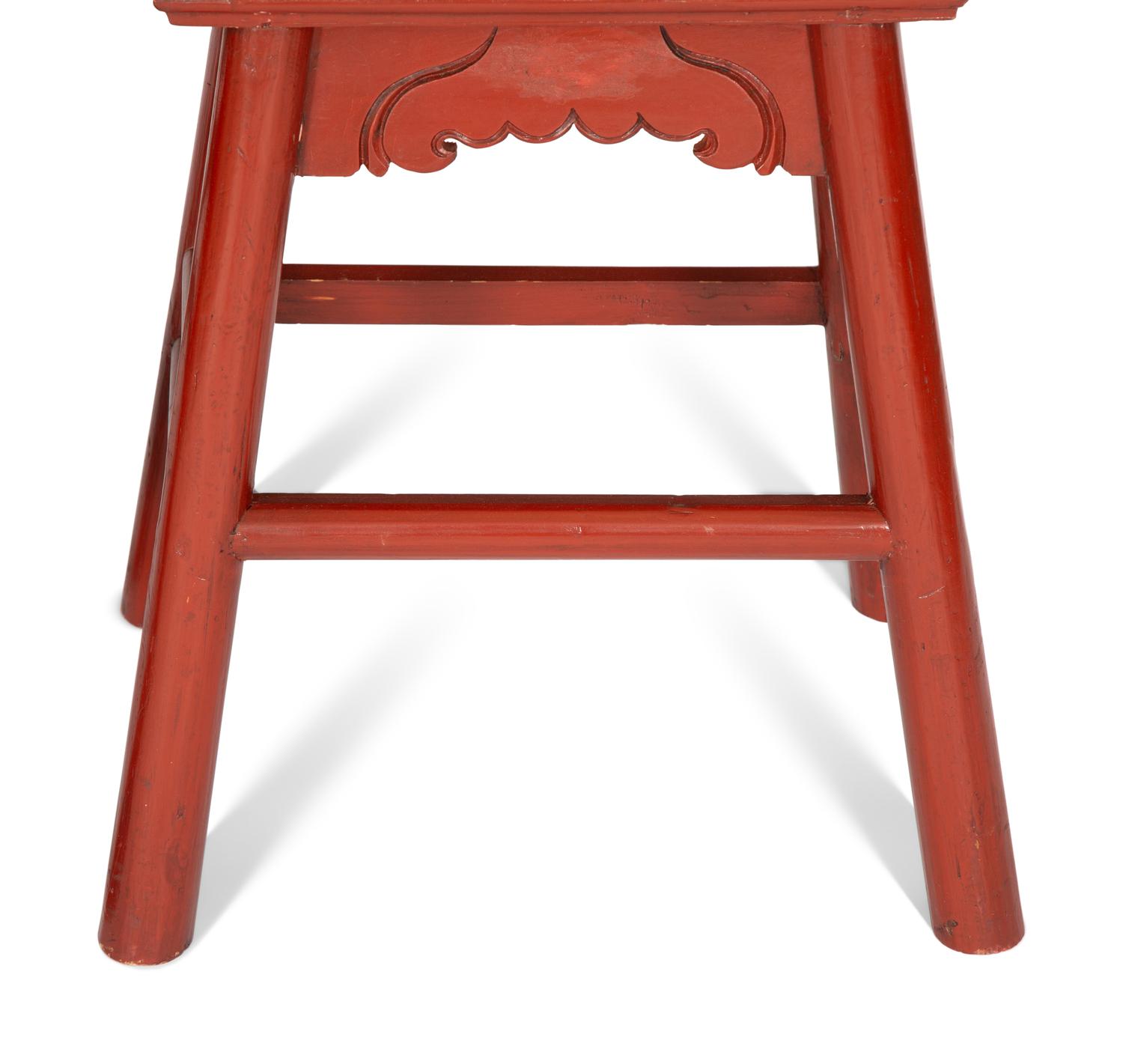 A Pair of Red-Painted Stools and a Blue Painted Side Table