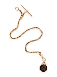 YELLOW GOLD WATCH CHAIN WITH CARNELIAN INTAGLIO AND BLOODSTONE FOB LOCKET