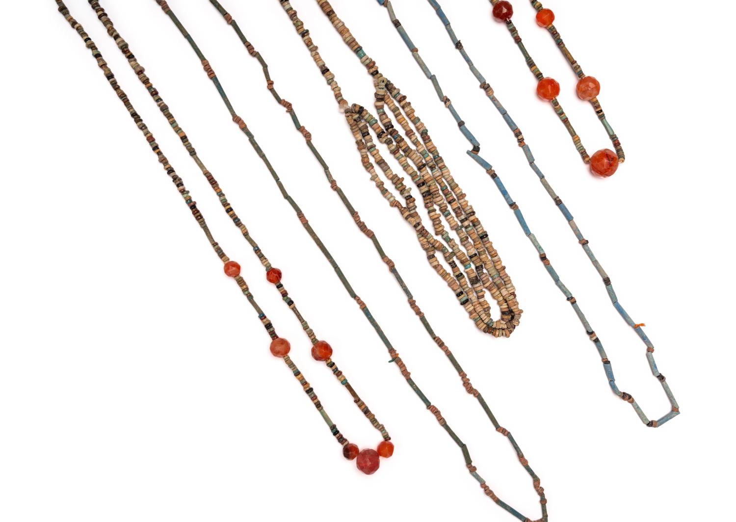 Five Egyptian Carnelian, Shell, and Ceramic Necklaces