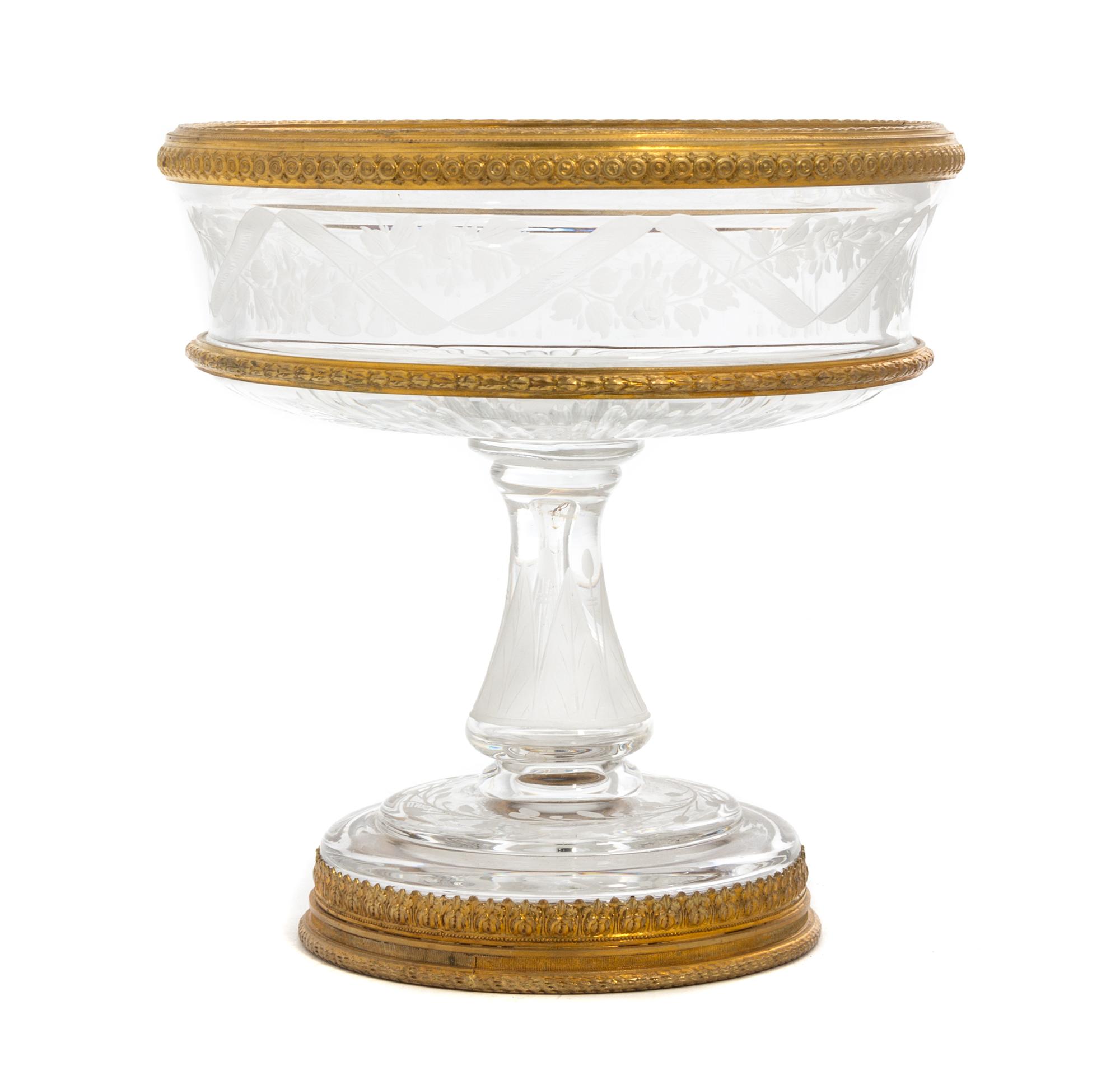 A Gilt Metal Mounted Cut Glass Center Bowl Height 9 1/4 inches.
