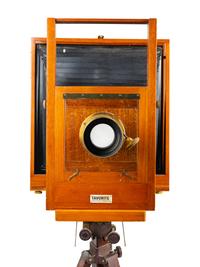A Voigtländer & Sohn Brass and Walnut Tintype Camera with Tripod Stand
