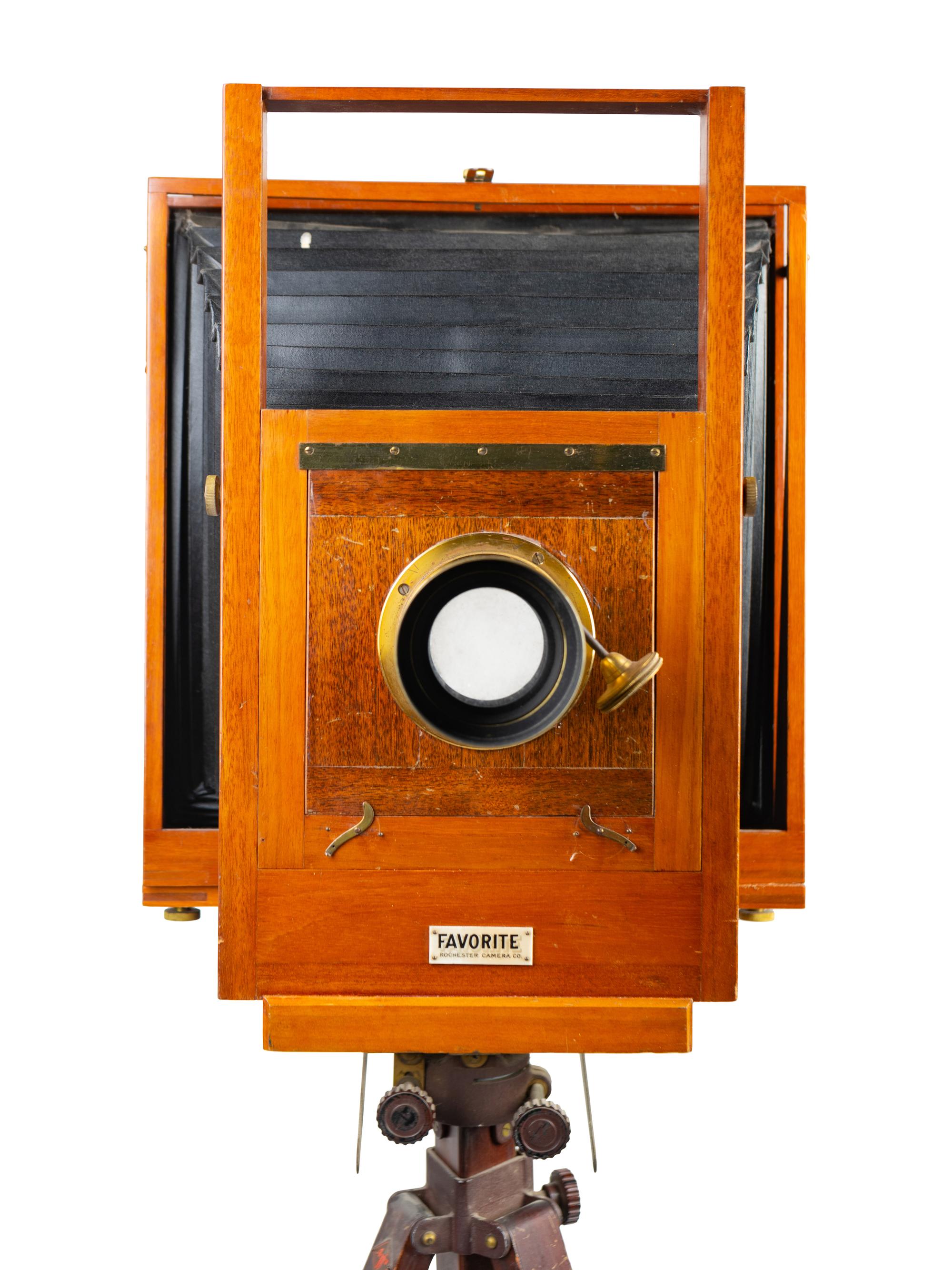 A Voigtländer & Sohn Brass and Walnut Tintype Camera with Tripod Stand