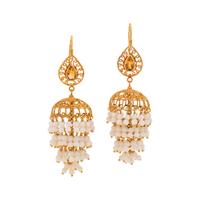 YELLOW GOLD AND CITRINE AND WHITE HARDSTONE BEAD EARRINGS