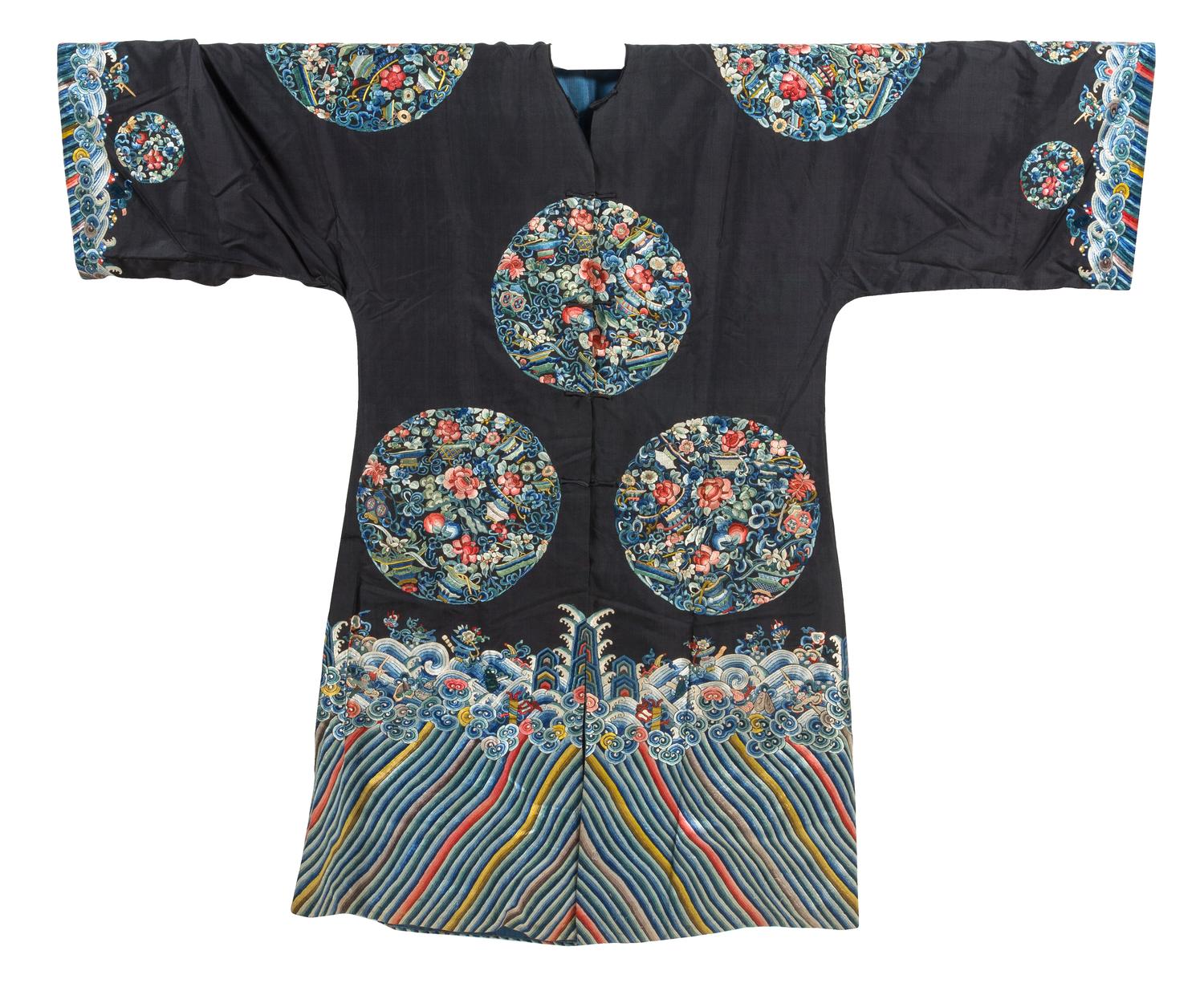 A Chinese Embroidered Silk Robe Height collar to hem 53 inches. — 19TH CENTURY