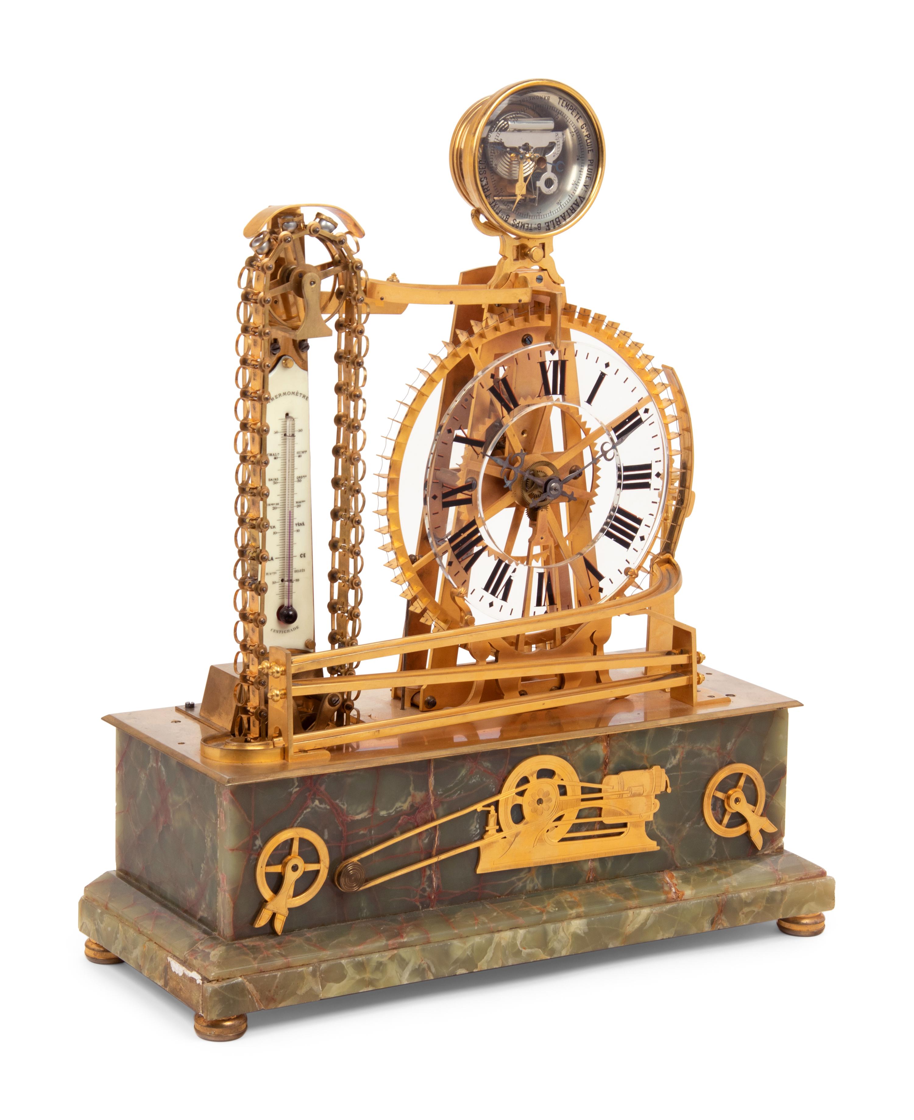 A French Gilt Metal and Onyx Mounted Compound Congreve Waterwheel Clock, Thermometer and Barometer