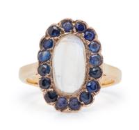 An Antique 14 Karat Yellow Gold, Moonstone and Sapphire Ring,