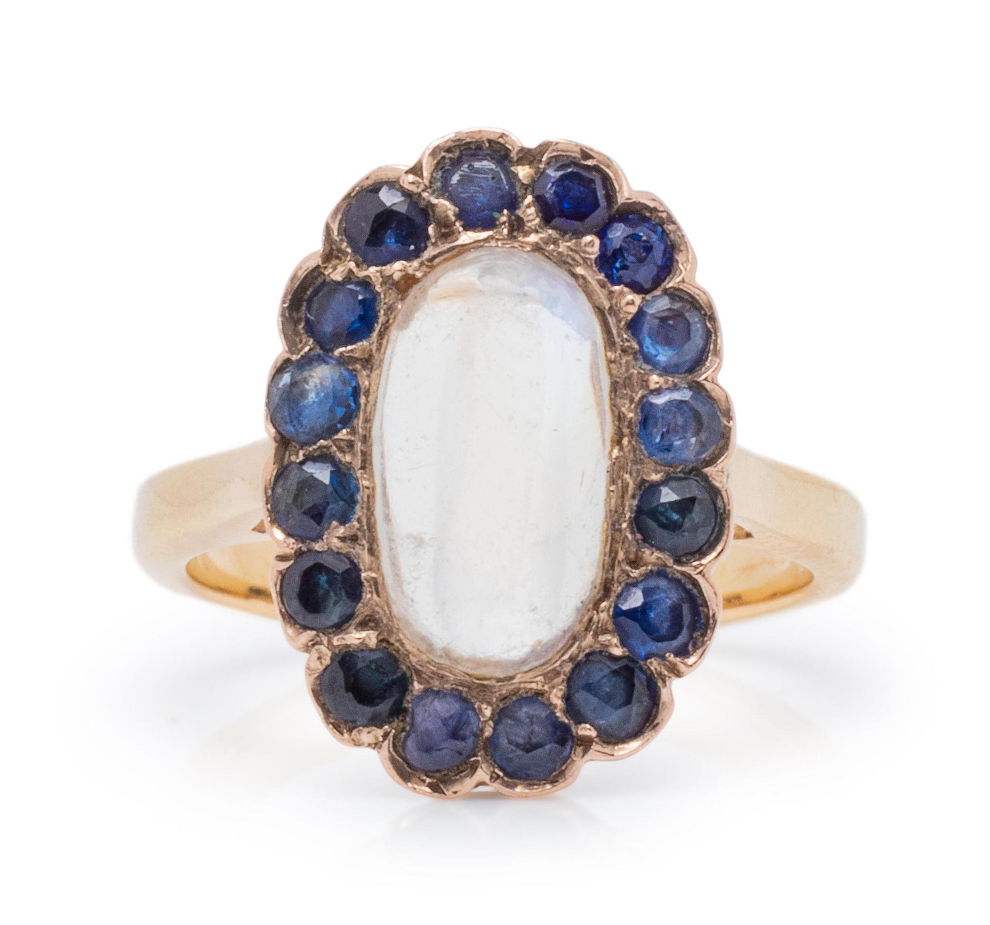 An Antique 14 Karat Yellow Gold, Moonstone and Sapphire Ring,