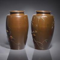 A Pair of Japanese Enameled and Mixed Metal-Inlaid Patinated Bronze Vases, Attributed to Saito, Meiji Period — 日本明治時期 高肉象嵌銅瓶一對