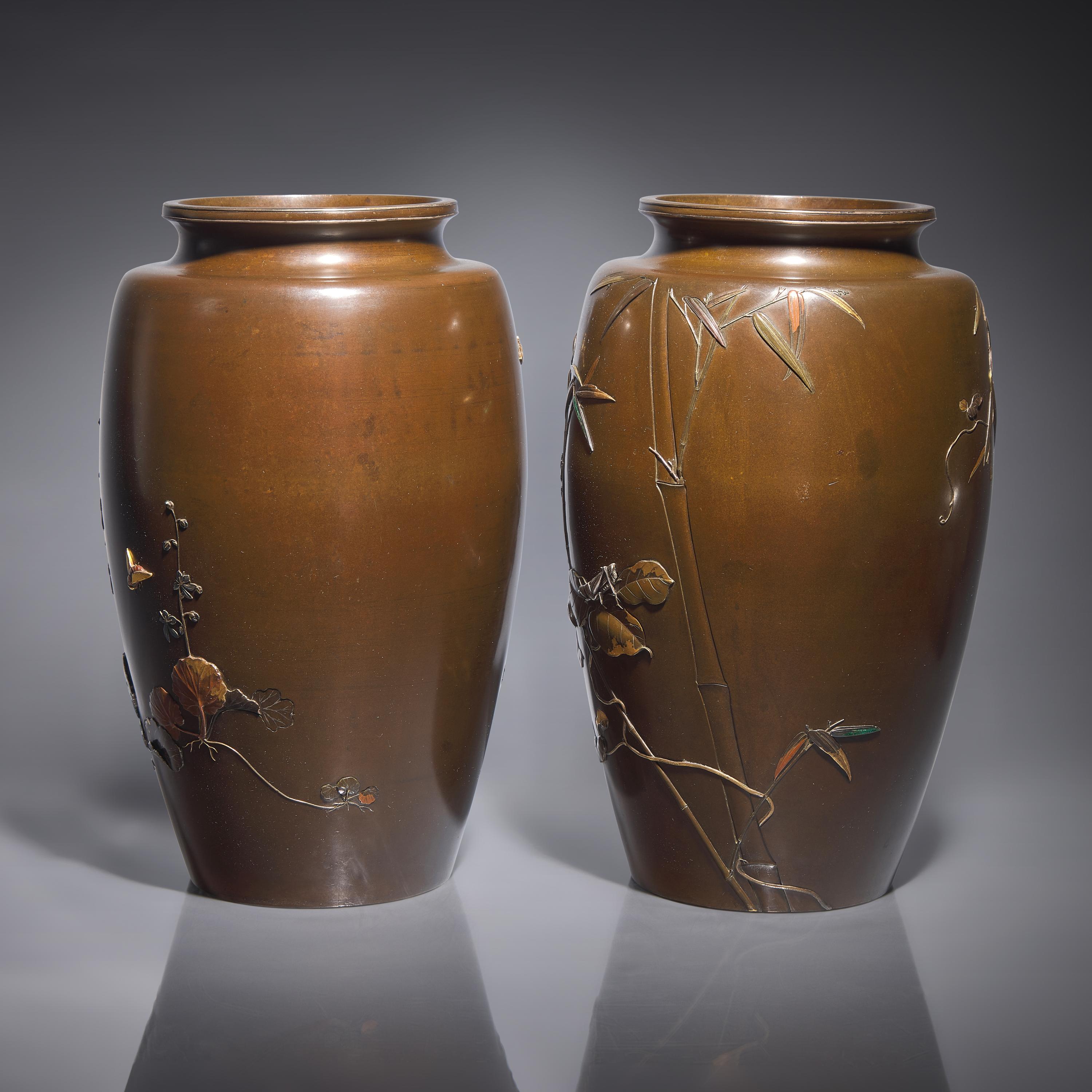 A Pair of Japanese Enameled and Mixed Metal-Inlaid Patinated Bronze Vases, Attributed to Saito, Meiji Period — 日本明治時期 高肉象嵌銅瓶一對