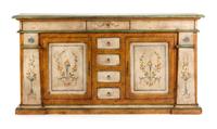 A Venetian Style Painted Sideboard Height 43 x width 82 1/2 x depth 19 1/2 inches.