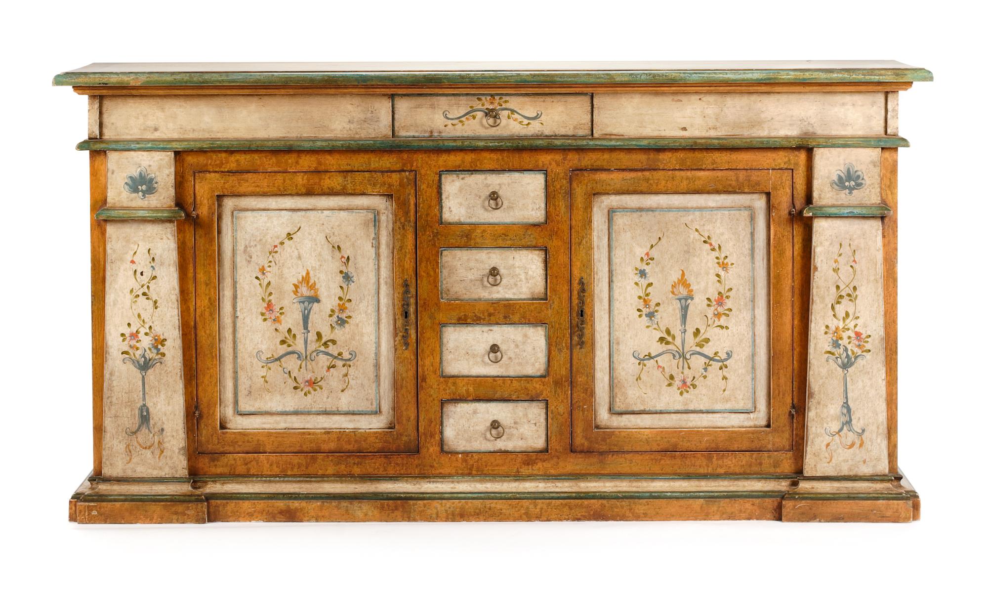 A Venetian Style Painted Sideboard Height 43 x width 82 1/2 x depth 19 1/2 inches.