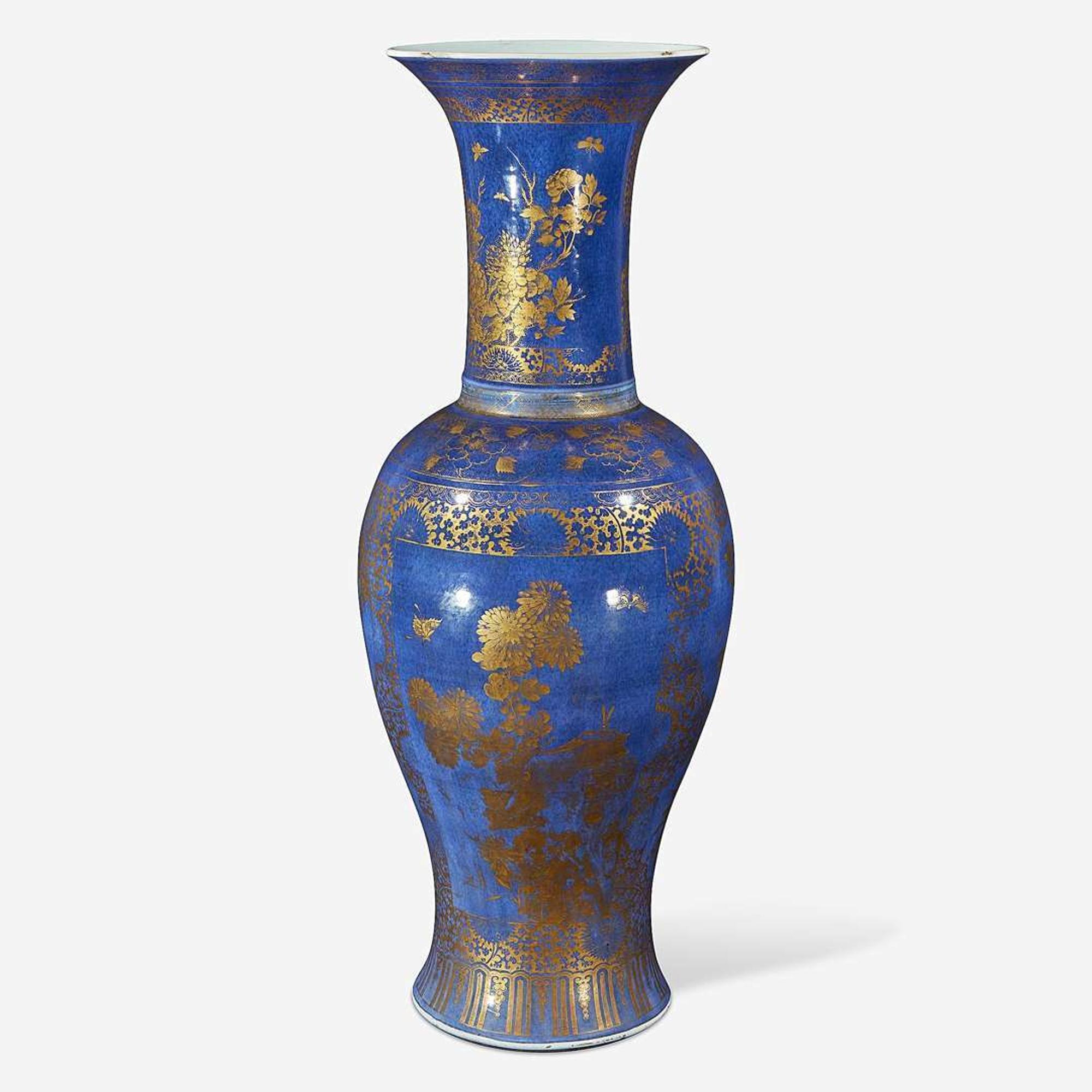 A large Chinese powder blue and gilt porcelain “Phoenix-tail” vase Kangxi period
