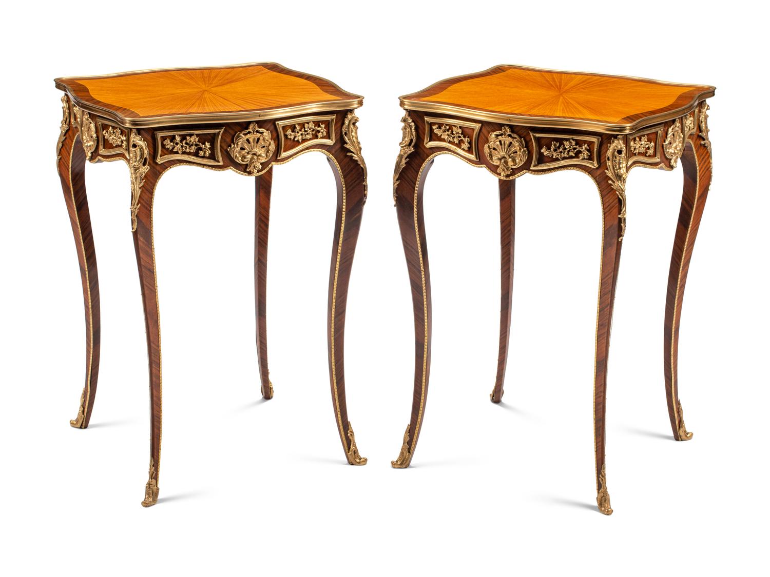 A Pair of Louis XV Style Gilt Bronze Mounted Side Tables