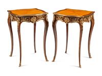 A Pair of Louis XV Style Gilt Bronze Mounted Side Tables