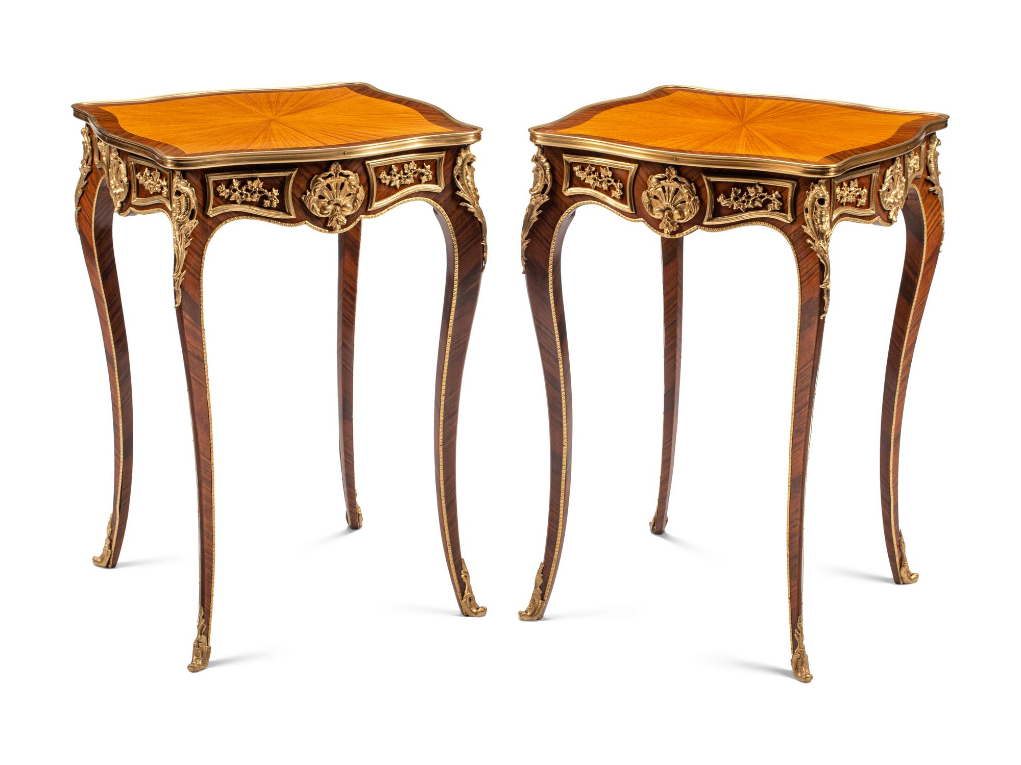 A Pair of Louis XV Style Gilt Bronze Mounted Side Tables