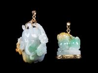 Two 14K Yellow Gold Mounted Apple Green, Russet and White Jadeite Pendants