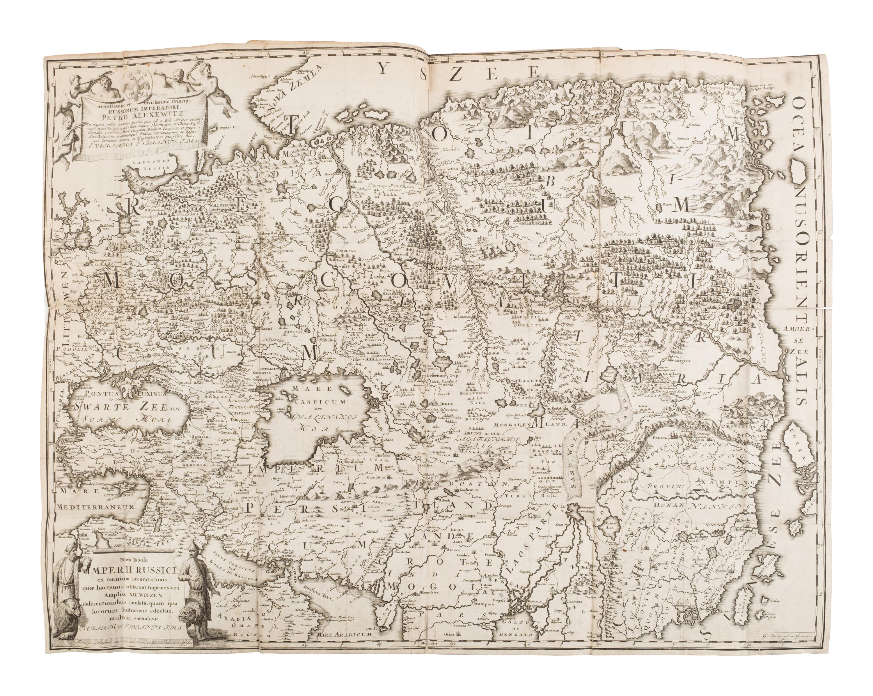 [Travel & Exploration]. Ides, Evert Ysbrants (1657-1708). Three Years Travels from Moscow Over-Land to China: Thro’ Great Ustiga, Siriana, Permia, Sibiria, Daour, Great Tartary, &c. to Peking . London: for W. Freeman, F. Walthoe, T. Newborough, and R. Parker, 1706.