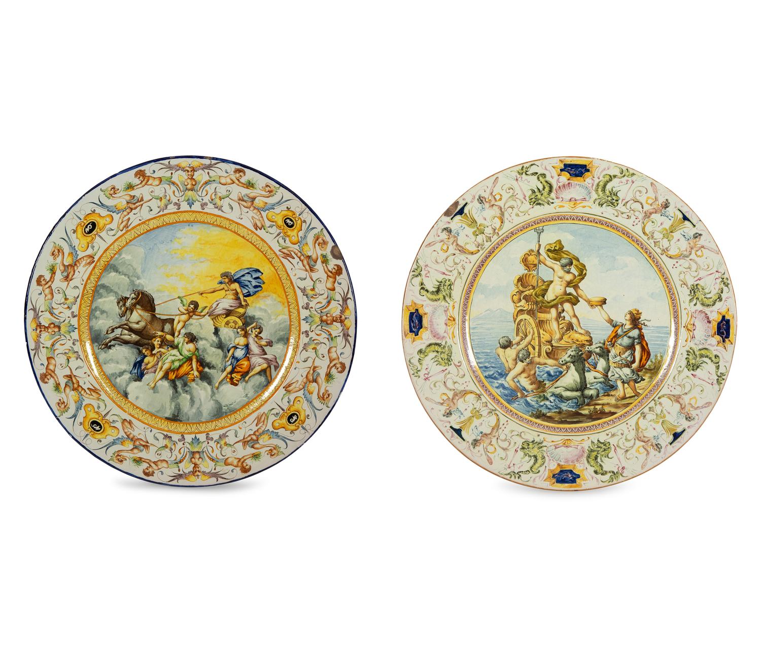 A Pair of Italian Renaissance Style Majolica Glazed Ceramic Chargers