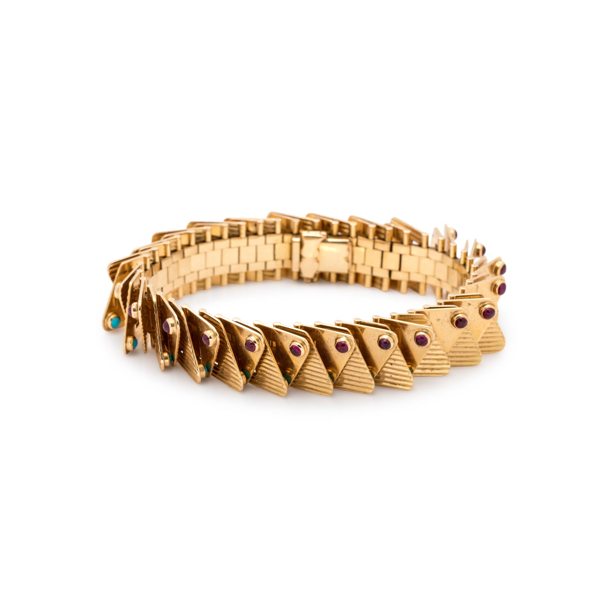 FRENCH, YELLOW GOLD, TURQUOISE AND RUBY BRACELET