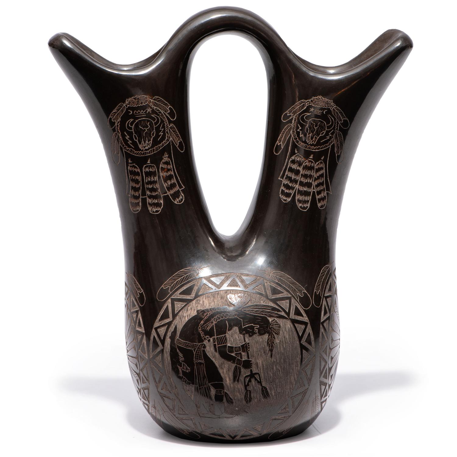 Award-Winning Pictorial Sgraffito Blackware Wedding Vase