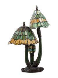 An Art Nouveau Style Cast and Patinated Bronze Leaded Glass Mushroom Desk Lamp