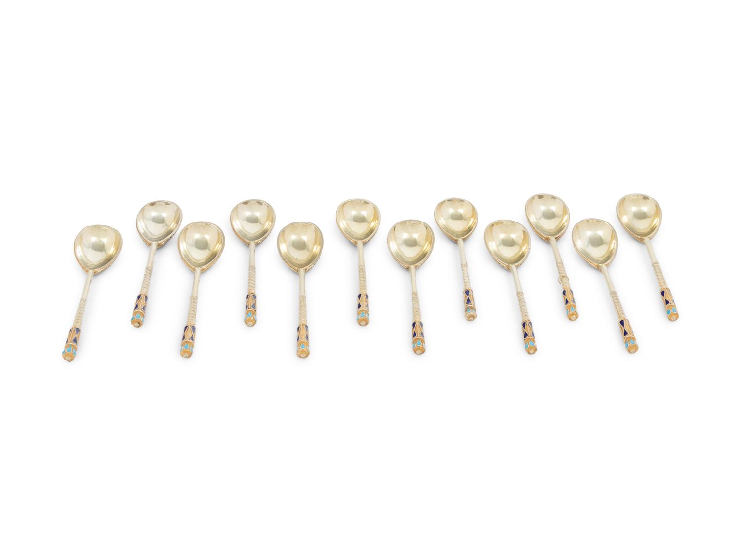 A Set of Twelve Russian Enameled Silver-Gilt Coffee Spoons