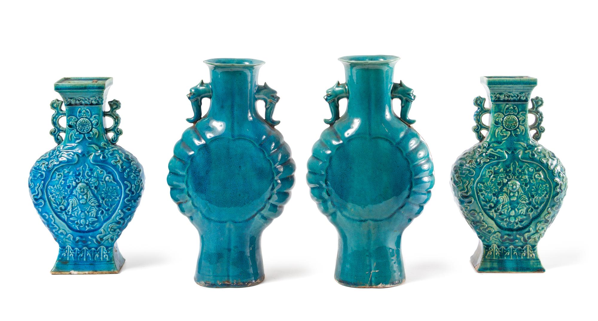 Two Pairs of Turquoise Glazed Porcelain Vases Height of tallest 12 3/4 inches. — 19TH CENTURY