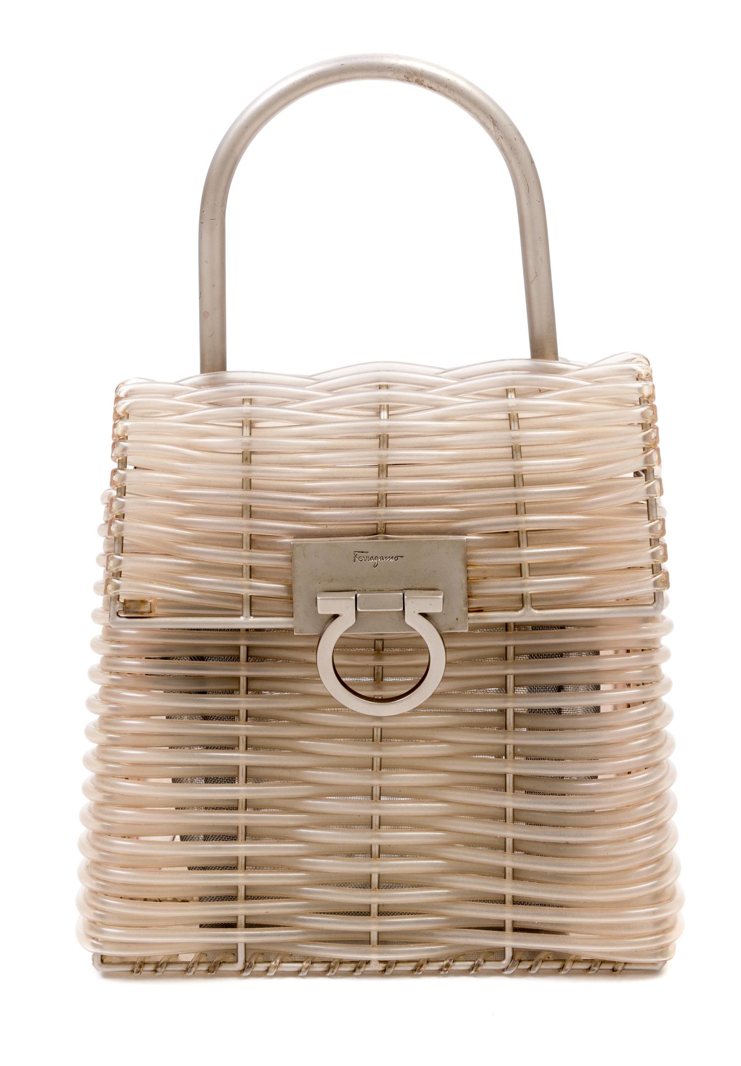 A Salvatore Ferragamo Gancini Plastic Weave Handbag, 8" x 8" x 4.5"; Handle drop: 4".
