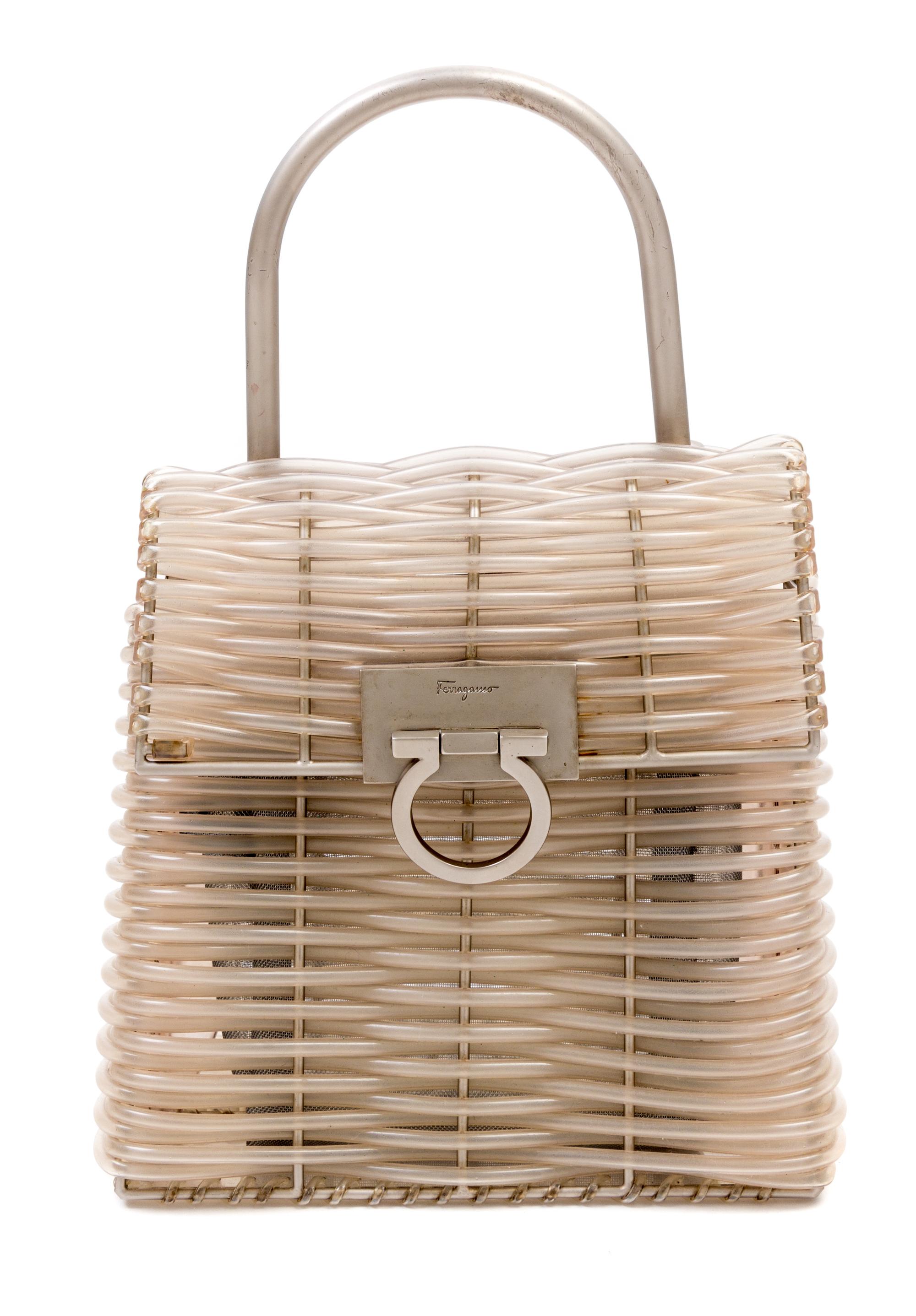 A Salvatore Ferragamo Gancini Plastic Weave Handbag, 8" x 8" x 4.5"; Handle drop: 4".