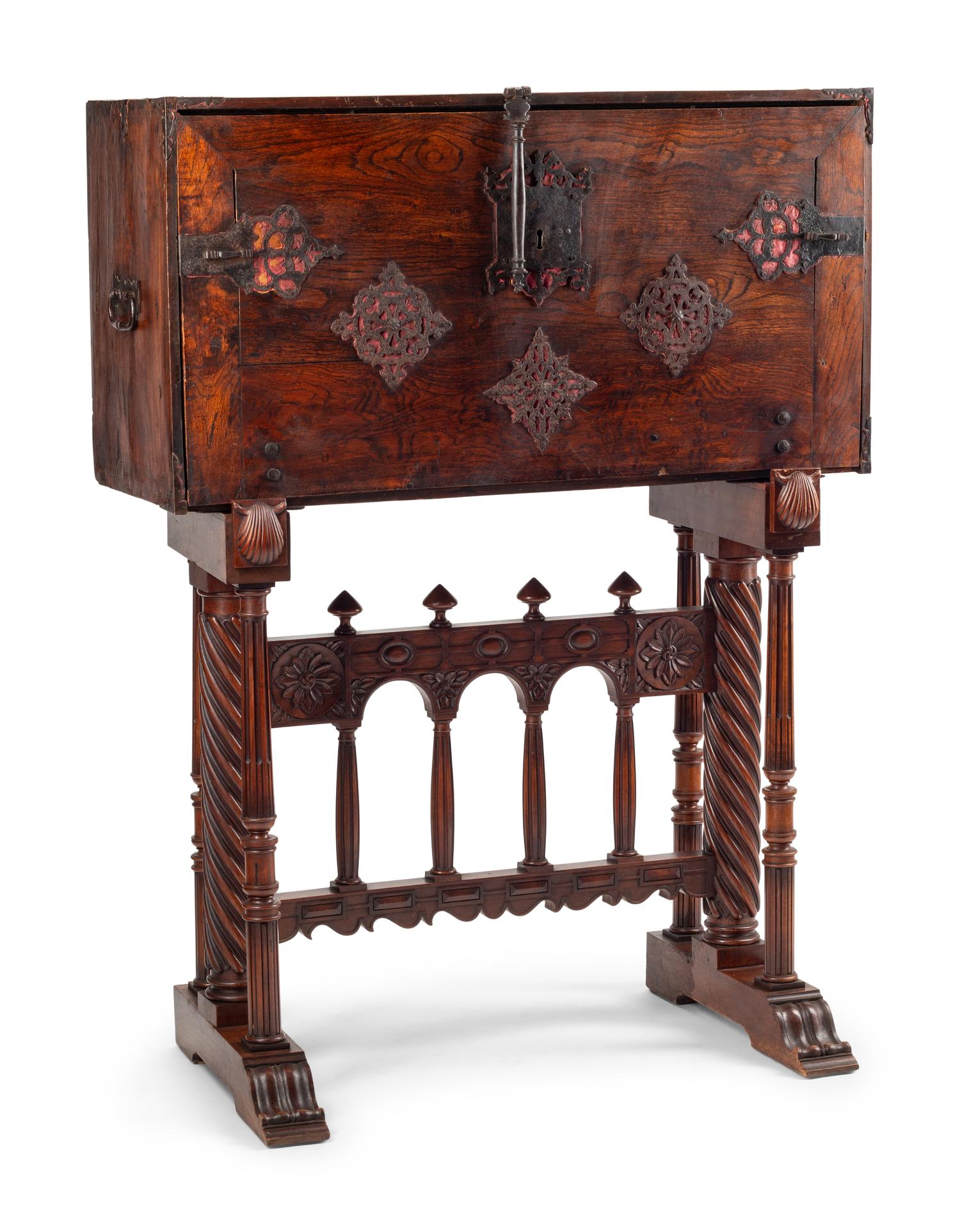A Spanish Baroque Parcel Gilt Walnut Vargueño on Stand
