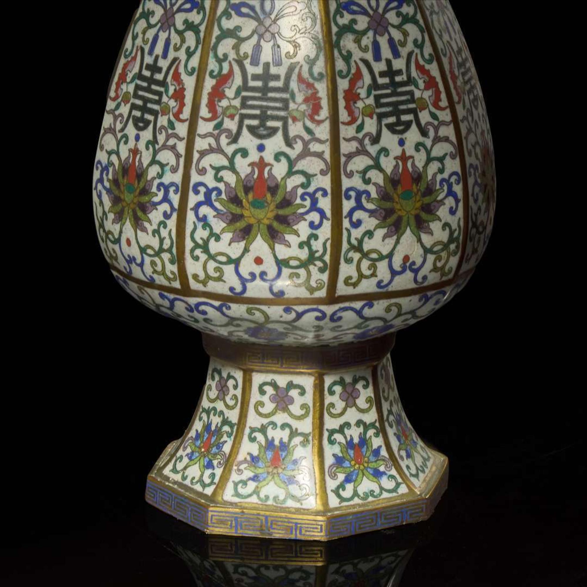 An unusual Chinese cloisonné white-ground octagonal altar vase 景泰藍白地八方瓶 18th/19th century ???????