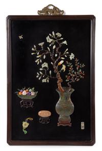 A Hardstone and Bronze Inset Black Lacquered Wood Wall Panel 38 1/2 x 26 inches. — LATE 19TH/20TH CENTURY