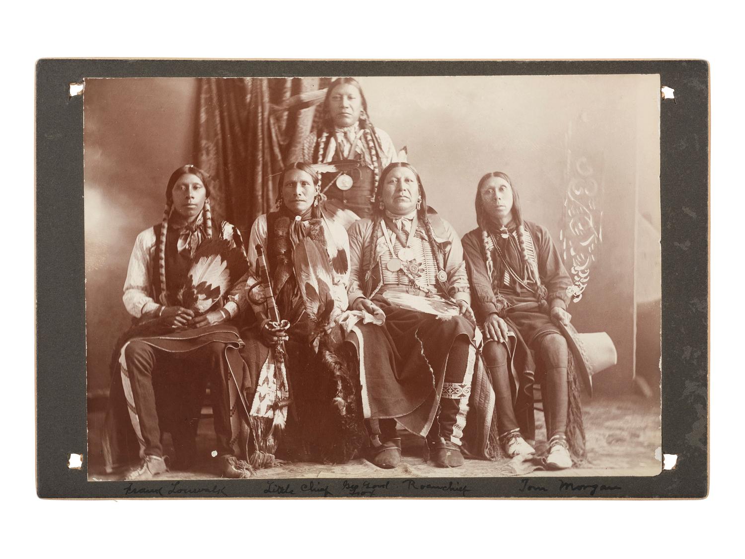 Native Americans Cabinet photograph of a group of Pawnee including Roan Chief and other identified subjects.