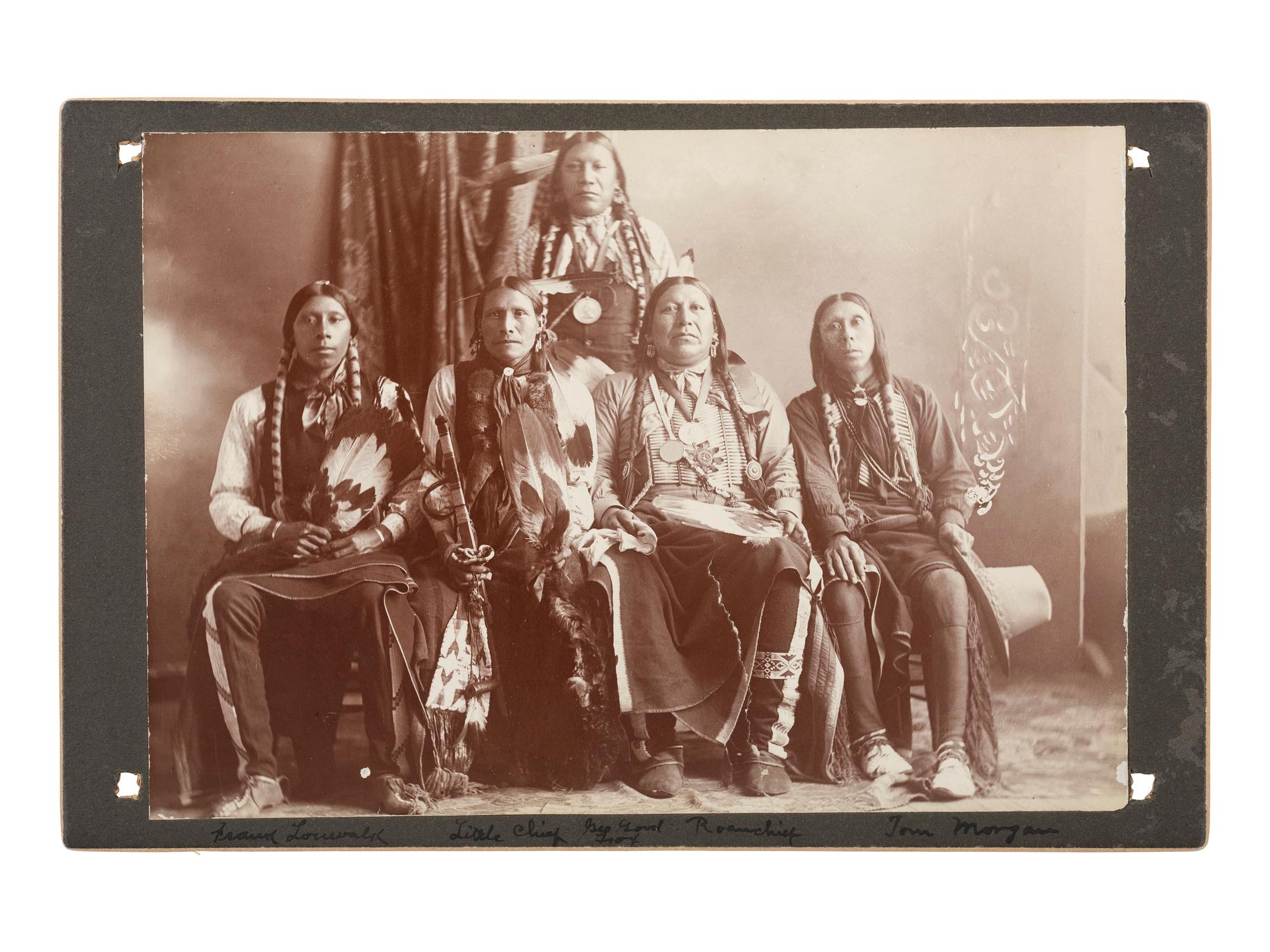 Native Americans Cabinet photograph of a group of Pawnee including Roan Chief and other identified subjects.