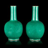 A Pair of Chinese Green and Crackled Glazed Porcelain Bottle Vases