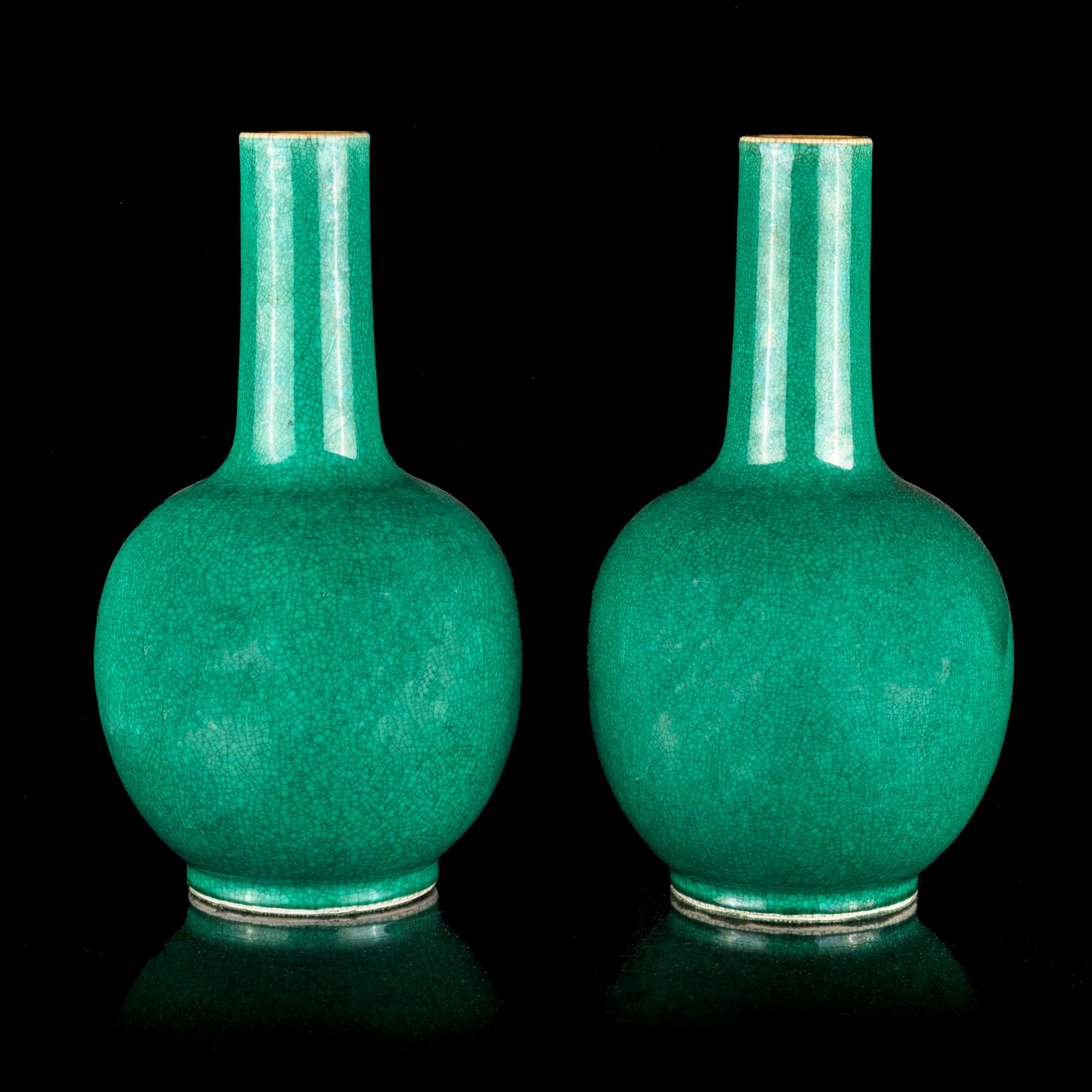 A Pair of Chinese Green and Crackled Glazed Porcelain Bottle Vases