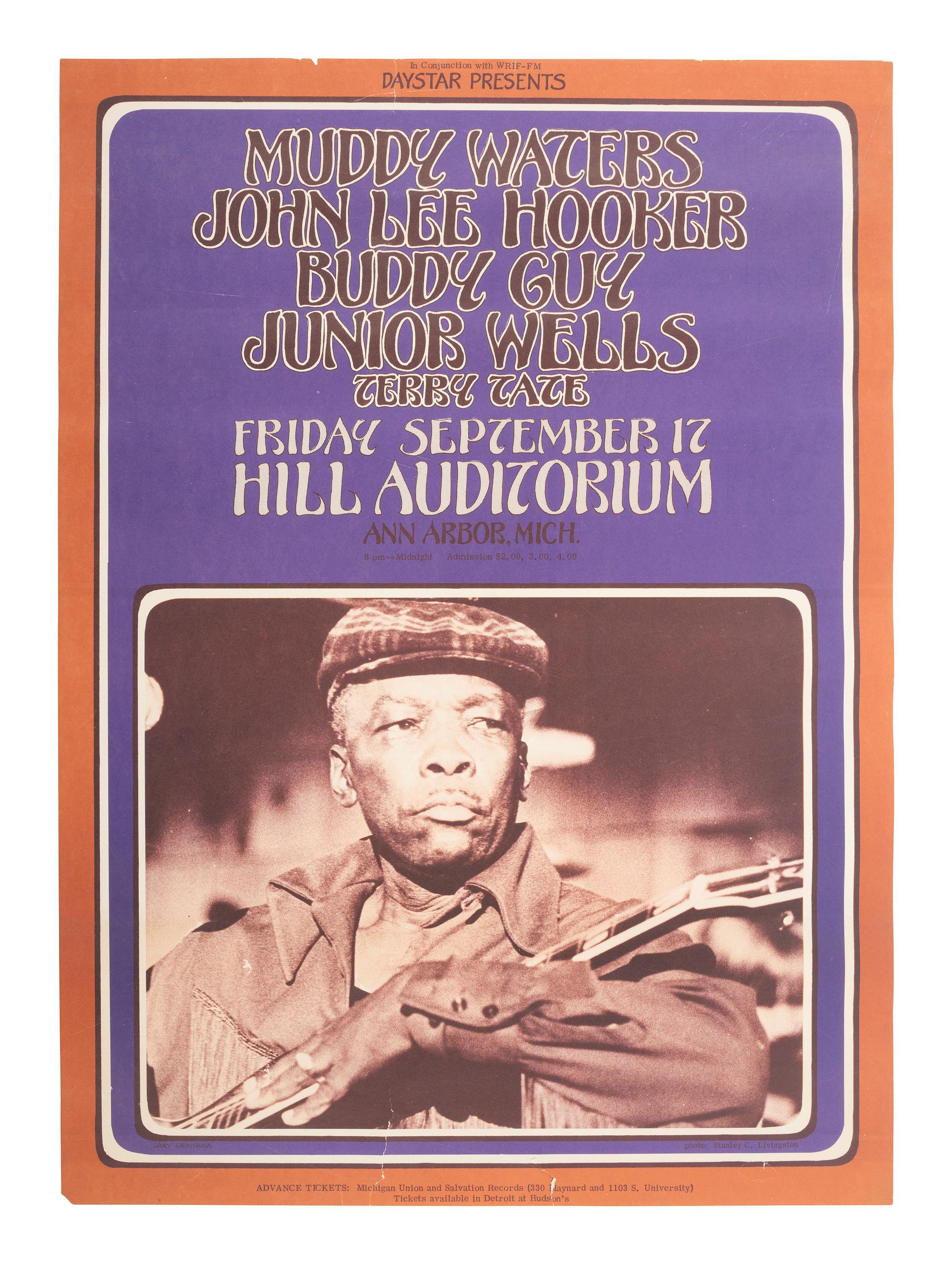 [MUSIC]. A group of 2 posters promoting performances by Muddy Waters, John Lee Hooker, B.B. King, and Howlin' Wolf.