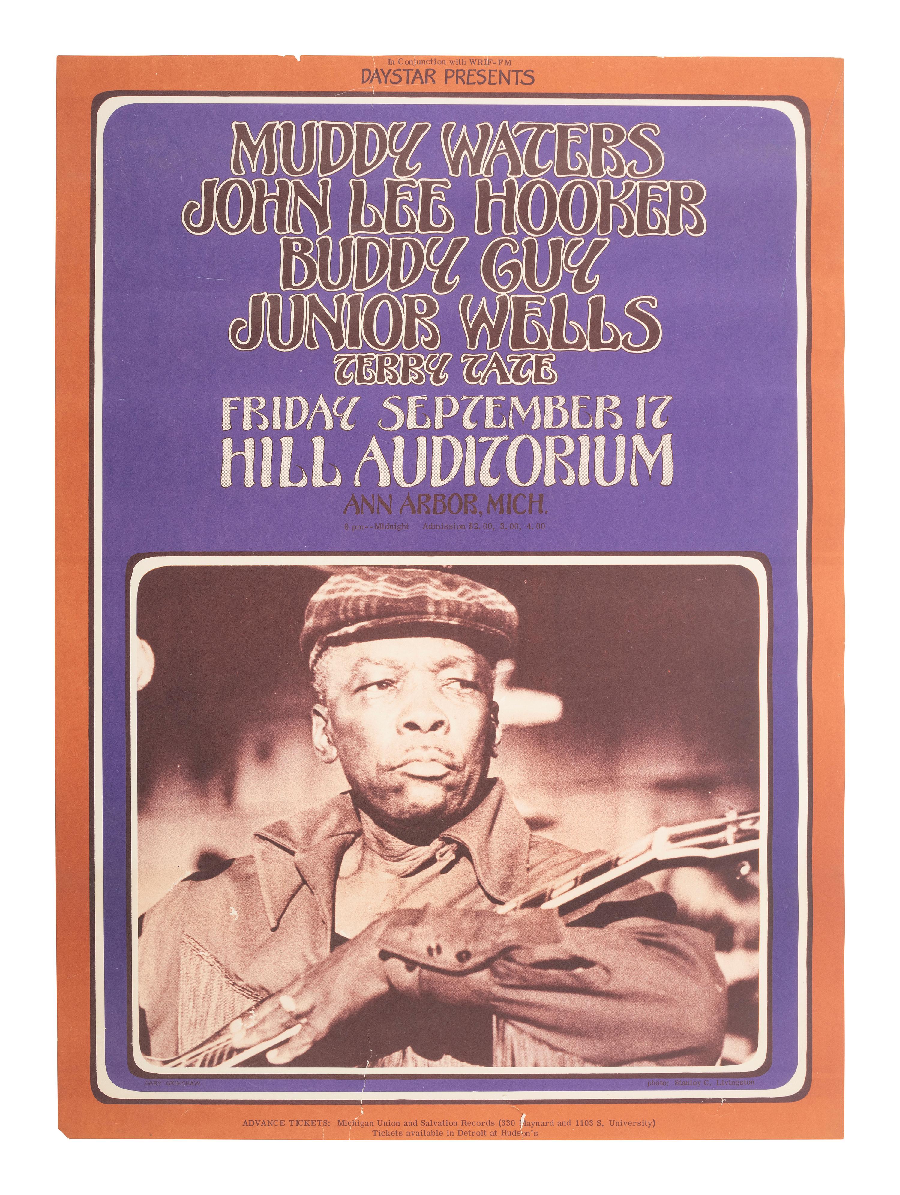 [MUSIC]. A group of 2 posters promoting performances by Muddy Waters, John Lee Hooker, B.B. King, and Howlin' Wolf.