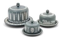 Three Wedgwood Style Jasperware Table Articles Height of largest 8 x diameter of underplate 12 3/8 inches. — 20TH CENTURY