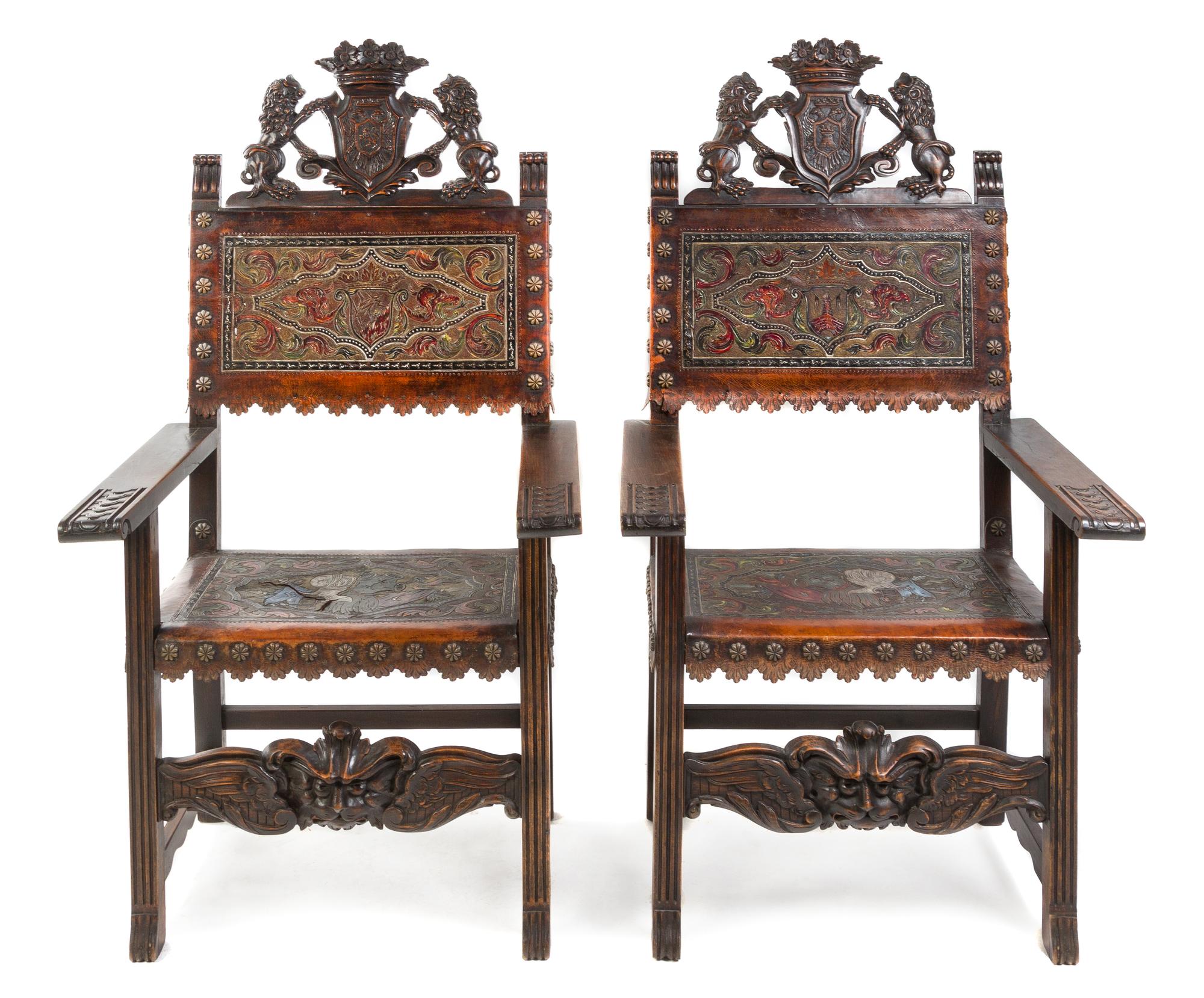 A Pair of Italian Baroque Style Carved Walnut Armchairs Height 54 inches. — 20TH CENTURY