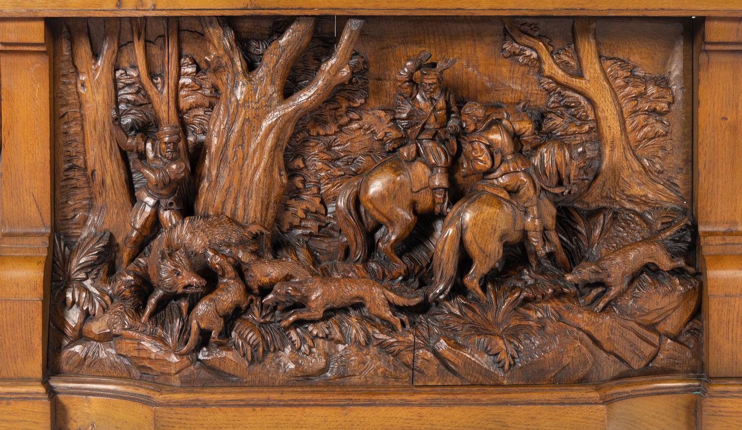 A Black Forest Style Carved Oak Overmantel Panel