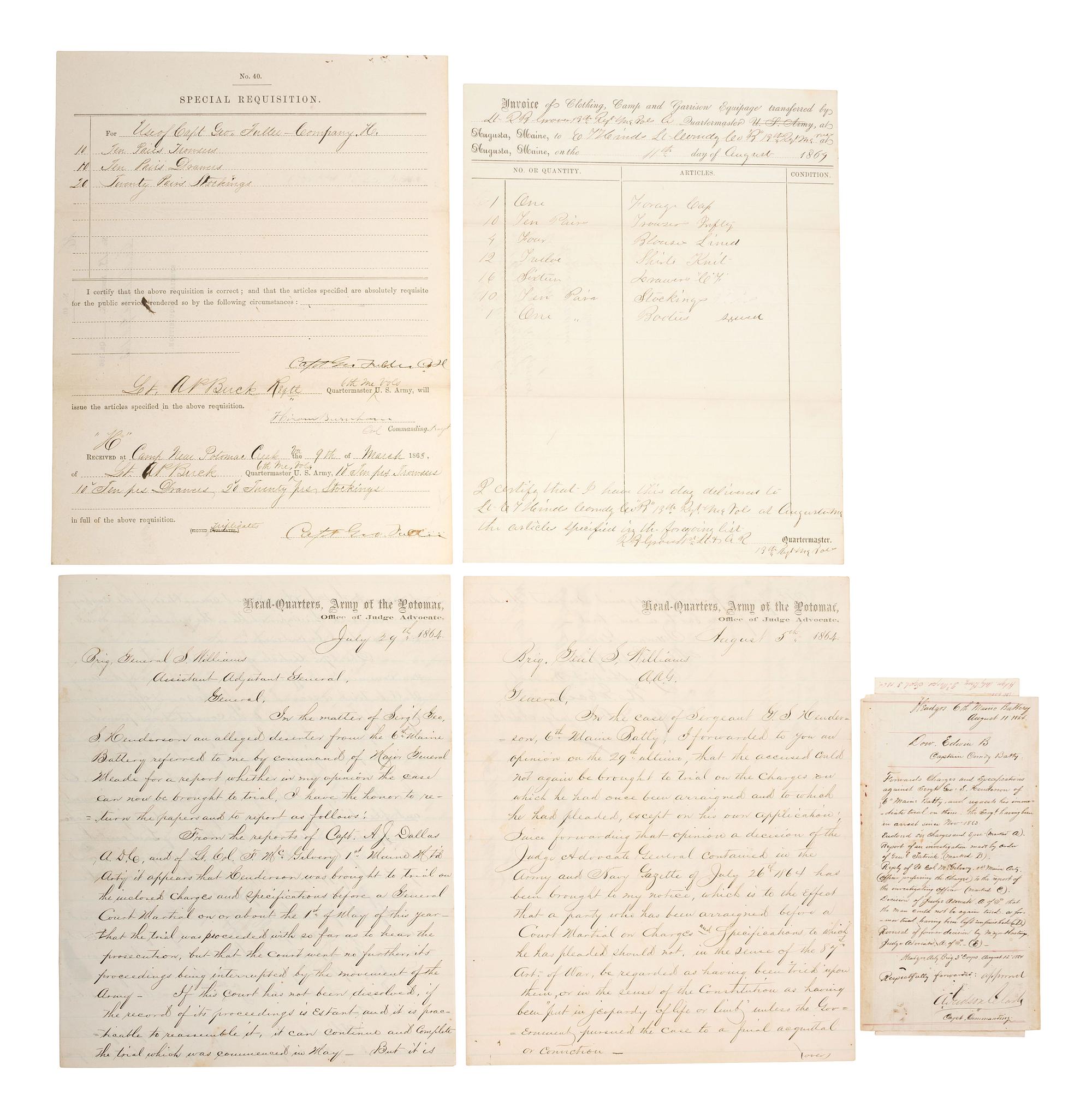 [CIVIL WAR]. A group of documents related to New England soldiers and regiments.