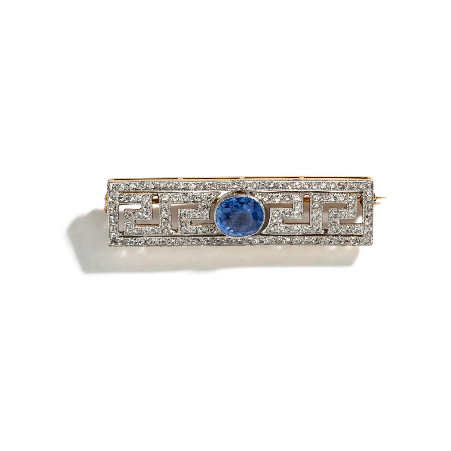 PLATINUM TOPPED GOLD, SAPPHIRE AND DIAMOND PIN